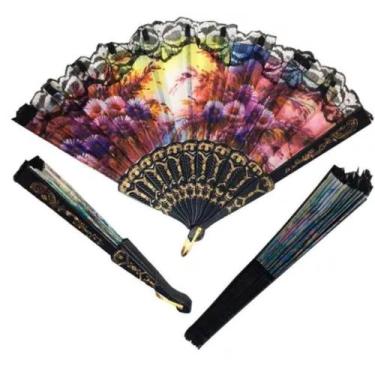 Imagem de Kit 20 Leques de plástico preto com desenhos florais BBB - Home Goods