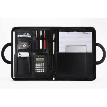 Imagem de A4 Organizador De Portfólio De Negócios Pu Couro Zipado Conferee Pasta Com Zíper Alça Magnética Prancheta Notebook Para Entrevista, Black, 12-digit calculator