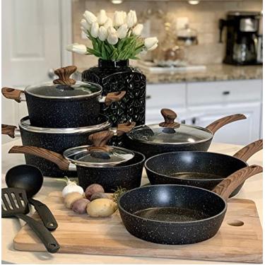 Imagem de Conjunto de panelas de cozinha de indução antiaderentes – Conjunto de panelas marteladas de granito, 12 peças, pode ser lavado na lava-louças, conjunto de panelas e frigideiras