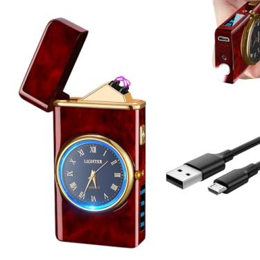 Imagem de TIKIUKI Isqueiro de plasma recarregável por USB de arco duplo à prova de vento com visor de LED, isqueiro sem chamas para acampamento, caminhadas, velas para churrasco e aventuras ao ar livre (Mogno)