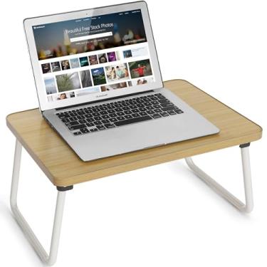 Imagem de Bandeja de laptop para cama ou sofá, bandeja de servir café da manhã com pernas dobráveis, mini mesa portátil e leve, suporte para laptop para trabalhar, ler e escrever, bege