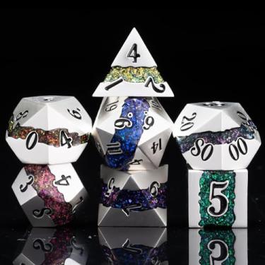Imagem de Dungeons and Dragons DND Dice Set D&D D20 Single Fringe Metal Dice Set with Box, Polyhedral Role Playing Dice D12 D10 D% D8 D6 D4 for MTG RPG Board Games (Pearl Silver Seven Colors-1)