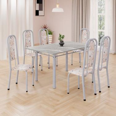 Imagem de Conjunto De Mesa Retangular 140x75cm Tampo Granito Topázio 6 Cadeiras Lavínea Botanic Bege Mart Pérola