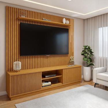 Imagem de Conjunto Rack Arezzo 220cm Com Painel Ripado Com Led Para Tv De Até 75 Polegadas Com Led Paris Naturalle