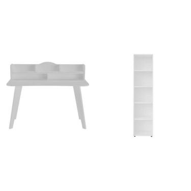 Imagem de Kit 2 Peças Com Escrivaninha 120cm E Estante Para Livros Com 5 Prateleiras Branco