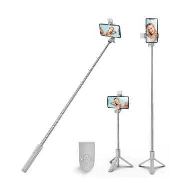 Imagem de PINHEN Tripé de bastão de selfie com suporte de tripé de rotação de 360° leve e extensível com controle remoto sem fio removível 3 em 1 portátil compatível com iPhone Android Sansung (branco + luz)