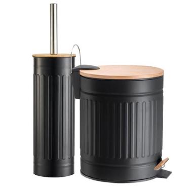 Imagem de Lixeira Banheiro 5L Aço Bambu Pedal Escova Sanitária Lavabo - MEK