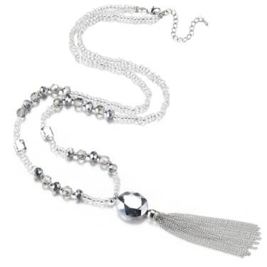 Imagem de BULINLIN Colares longos com contas boho para mulheres, colar com pingente de contas grossas com borla de cristal, bijuterias para presentes para ela, Cristal, Sem Pedra Preciosa