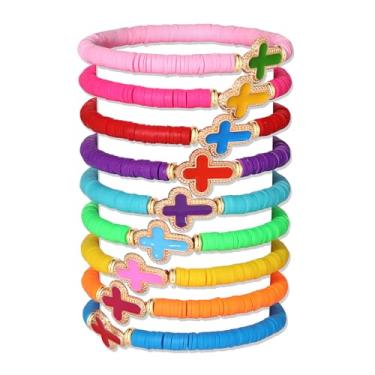 Imagem de HEIDKRUEGER Pulseiras cruzadas coloridas de polímero Heishi com contas elásticas empilháveis Jesus para mulheres, 6.5inch L + 3inch Extension chain, Acrílico, Sem Pedra Preciosa