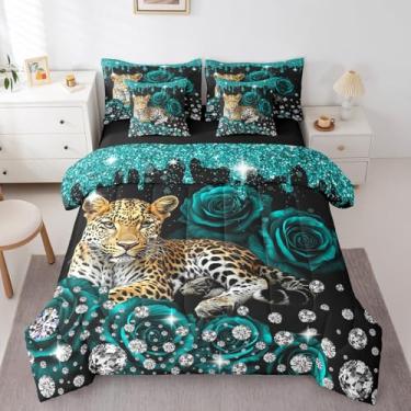 Imagem de Jogo de cama de casal com estampa de leopardo, 7 peças, verde-azulado, flores rosa petróleo, arte fluida de tinta ombré, diamante, gato grande, estampa de guepardo, decoração de quarto de animais de