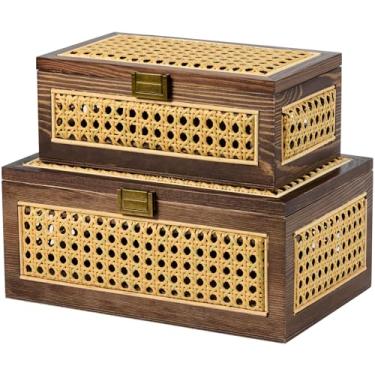 Imagem de VinneGenzz 2 caixas de armazenamento de vime decorativas feitas à mão cestas de madeira natural com tampa moldura de madeira boho rústica caixa de vime cestos de bengala de tecido prateleira