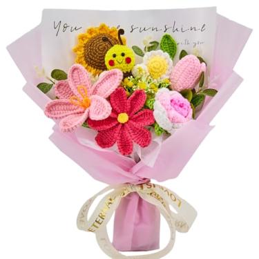Imagem de YSHomy Buquê de flores de crochê de animais, abelhas, girassóis, rosas, tulipas, margaridas, flores felizes, flores de crochê, presente de verão para crianças, formatura, aniversário (rosa, cartão