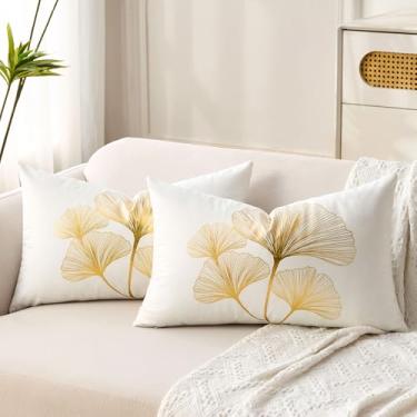 Imagem de BONSTRAP Capas de almofada decorativa para lombar de folha de ginkgo, capas de almofada de veludo branco dourado, padrão 30,5 x 50,8 cm, conjunto de 2 fronhas modernas para banco, sofá-cama, quarto