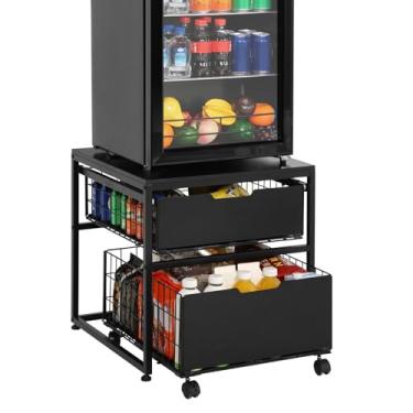 Imagem de Kokorona Mini suporte de geladeira com cesta de gaveta de armazenamento, mesa móvel de 55 x 55 cm, carrinho de geladeira resistente, pequeno suporte de geladeira para bebidas, café, dormitório, mini