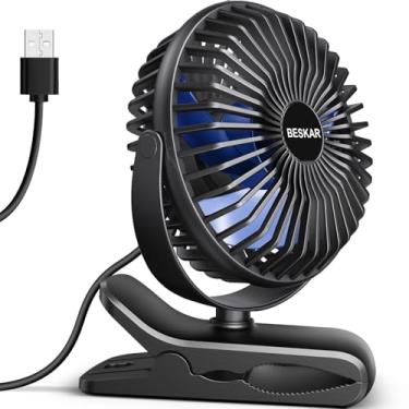 Imagem de BESKAR Ventilador com clipe USB, ventilador pequeno portátil com cabo alimentado, fluxo de ar forte de 3 velocidades, com braçadeira resistente, ventilador de mesa pessoal silencioso