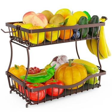 Imagem de Zurklulu Cesta de frutas de 2 camadas para balcão de cozinha com 2 cabides de banana – Tigela de frutas de metal para armazenamento de cebola, vegetais, lanches, pães – Organizador de bancada – Bronze