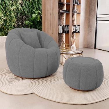 Imagem de Poltrona Decorativa Concha Giratória com Puff Estilo Abóbora Shell Bouclê Cinza Escuro - Desk Design