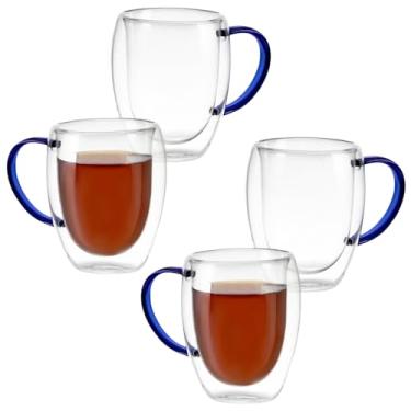 Imagem de Kit Conjunto 4 Xícaras de Vidro Borossilicato Parede Dupla 350ml Transparente com Alça Colorida (Azul)