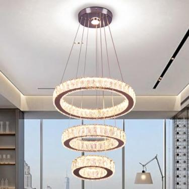 Imagem de Finktonglan Lustres de LED modernos reguláveis com 3 anéis ajustáveis lustre de cristal luminária de teto luminária pendente de aço inoxidável para sala de jantar, sala de estar, cozinha (controle
