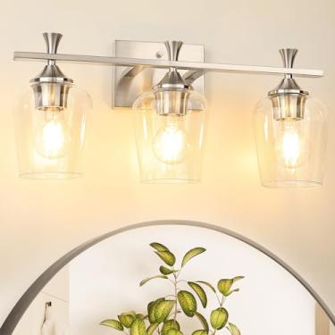 Imagem de Benaep 3 luminárias de banheiro para banheiro, luzes modernas prateadas com vidro de vinho de alta transparência iluminação de banheiro sobre espelho lâmpada de parede para cozinha, sala de estar