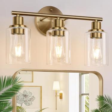 Imagem de Zarbitta Luminária de banheiro de 3 luzes, luzes de parede de banheiro de latão escovado com sombra de vidro transparente, lâmpada de parede moderna para banheiro, espelho, cozinha, sala de estar