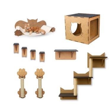 Imagem de Mondo Box Kit Escalada Gato Playground 10 Peças Prateleiras Escadinha Nicho Degraus Escalada Arranhador Gatos Parquinho Suspenso Parede Carpete Antiderrapante Mdf Reforçado