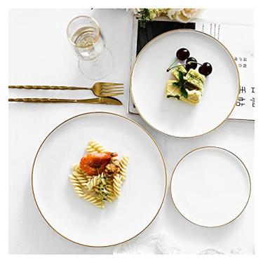 Imagem de xilinshop Pratos de sobremesa breve prato de cerâmica redondo borda de ouro sólido porcelana esmalte prato de jantar bolo de bife ocidental bandeja de sobremesa pratos de lanche prato aperitivos