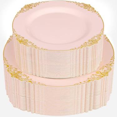 Imagem de Pratos de plástico Joyido Pink com borda dourada 102 unidades para 51 