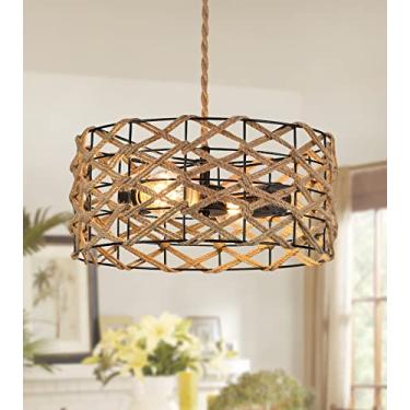 Imagem de AMZASA Luminária pendente Boho rústica corda de cânhamo tecida à mão, gaiola de tambor em vime, lustre de casa de fazenda costeira, 2 luzes para corredor, entrada, cozinha, ilha, sala de jantar