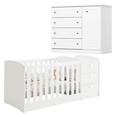 Imagem de Berço Multifuncional Atlanta e Cômoda Infantil Americano Branco Fosco 
