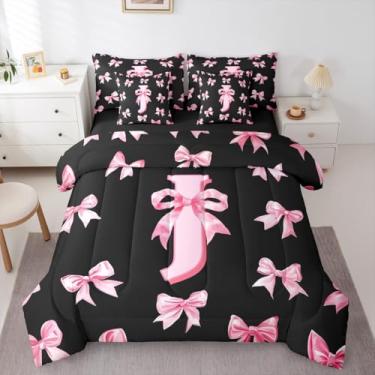 Imagem de Erosebridal Lindo conjunto de cama com laço rosa em uma bolsa, 7 peças, solteiro, para crianças, meninas, adolescentes, conjunto de edredom com lençol com monograma personalizado, preto e rosa