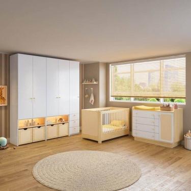 Imagem de Conjunto de Quarto Completo Infantil Wave com Berço, Cômoda e Guarda Roupas Modulados Wave Casatema Branco/Natural