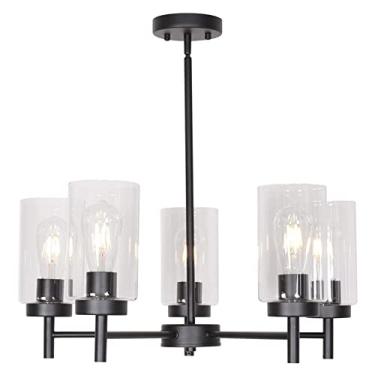 Imagem de Lustre moderno, abajur moderno de vidro transparente, luminária pendente, 5 luzes, níquel escovado, lustre contemporâneo, luminária de teto suspensa para cozinha, sala de jantar, sala de est