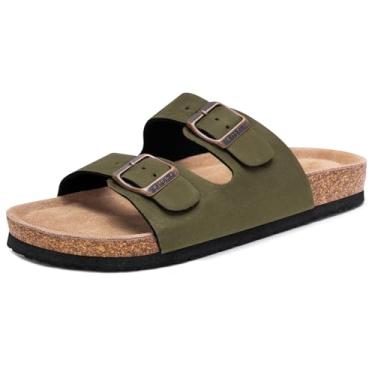 Imagem de FITORY Sandálias femininas planas com palmilha de cortiça, bico aberto, chinelos ajustáveis para o verão tamanho 6-11, Camurça verde, 40