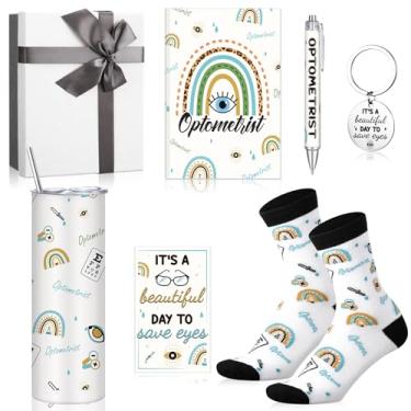 Imagem de Sieral 7 peças, presentes de optometria para mulheres e homens, copo de 473 ml com tampa e meias de palha, chaveiro, caderno, caneta, cartão e caixa de presente, presente para oftalmologia