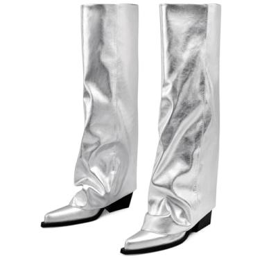 Imagem de zhsrin Botas femininas grossas dobradas na altura do joelho com zíper e bico fino, Prata, 37