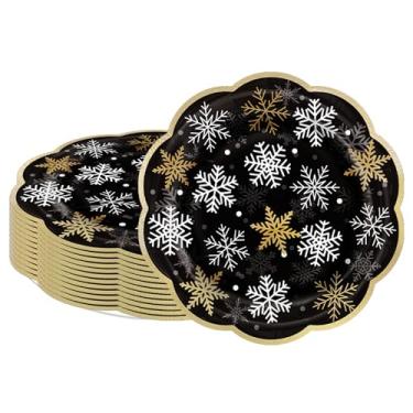 Imagem de LeZakaa 25 peças de pratos de papel de Natal, floco de neve preto, folha dourada, acabamento estampado, borda recortada, pratos de festa descartáveis para utensílios de mesa decorativos para jantar e