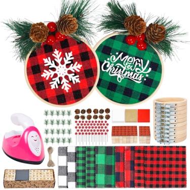 Imagem de Caydo Kit de fabricação de enfeites de Natal com 111 peças, incluindo argolas de bordado de 7,6 cm, tecido xadrez quadrado de 12,7 cm e mini prensa térmica rosa para decoração de Natal DIY