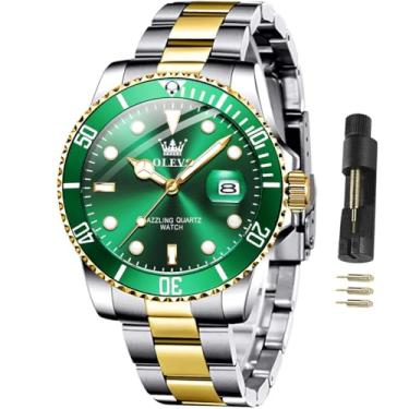 Imagem de OLEVS Relógios masculinos clássicos com vestido de negócios, luxuoso, rosto grande, verde/preto/azul, à prova d'água, luminoso, relógio de pulso analógico, dois tons, aço inoxidável, masculino