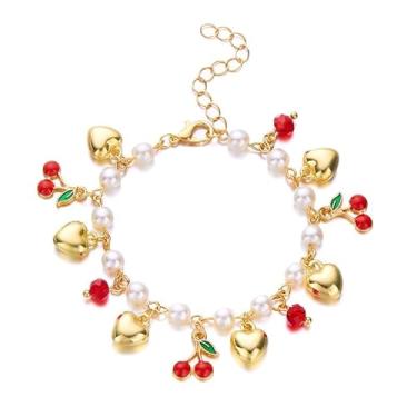 Imagem de LOTSOF Pulseira feminina banhada a ouro 18 quilates com coração de cereja e morango e pérola com frutas fofas e ajustáveis, presente de Natal, Natal, aniversário, joia para mulheres, Springs1