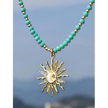 Imagem de Colar com pingente de sol estilo boêmio incrustado com strass estrelas e lua verde colar de contas de vidro joia moderna presente