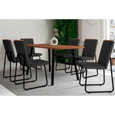 Imagem de Conjunto: Mesa Sala Jantar Stellar 1597 Aço c/ Tampo Madeirado 160x90cm e 6 Cadeiras Lira Preto/Nogal - Preto/Grafite - Preto - Carraro