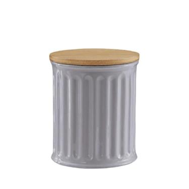 Imagem de Pote de cerâmica com tampa, pote de armazenamento de alimentos com tampa de madeira, recipiente de cerâmica para bancadas de cozinha, potes decorativos para café, biscoitos, chá, açúcar, doces (cinza,