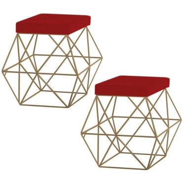 Imagem de Kit 2 Puffs Decorativo Base Gold Trixie Veludo Vermelho