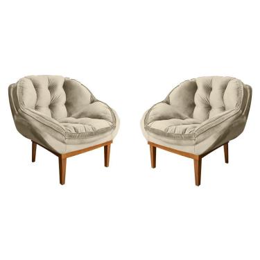 Imagem de Kit 2 Poltronas Decorativa Veludo Bege Base Madeira Castanho