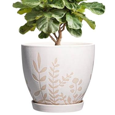 Imagem de EPFamily Vaso interno de 25 cm com pires - Vaso de cerâmica Boho com drenagem para plantas de interior, vaso de flores grande, decoração de quarto de jardim de escritório em casa, presentes para