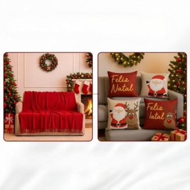 Imagem de Manta Sofa, Kit Capas de Almofada Digital Natalina Decoração Natal Sala(Manta Vermelha + Capas 02)