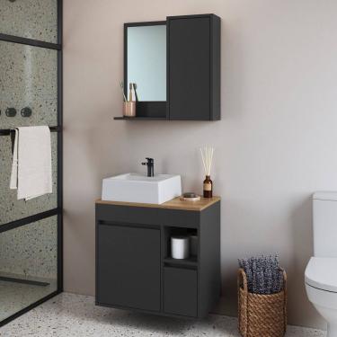 Imagem de Conjunto para Banheiro Gabinete Suspenso 60cm com Cuba e Espelheira Bahamas Grafite