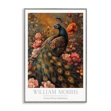 Imagem de Stupell Industries Arte giclée emoldurada cinza pavão vermelho inspirado em Morris vintage, design por Petal Prints Design, 61 x 40 cm