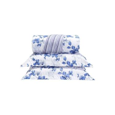 Imagem de Cobre Leito 3 Peças Queen Percal 200 Fios Colori 100% Poliéster - Flores Azuis